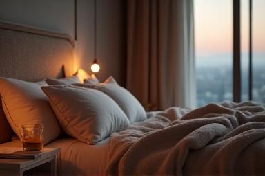 Peaceful bedroom setting with soft lighting and a warm blanket, promoting restful sleep.