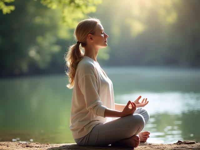 Person meditating peacefully outdoors